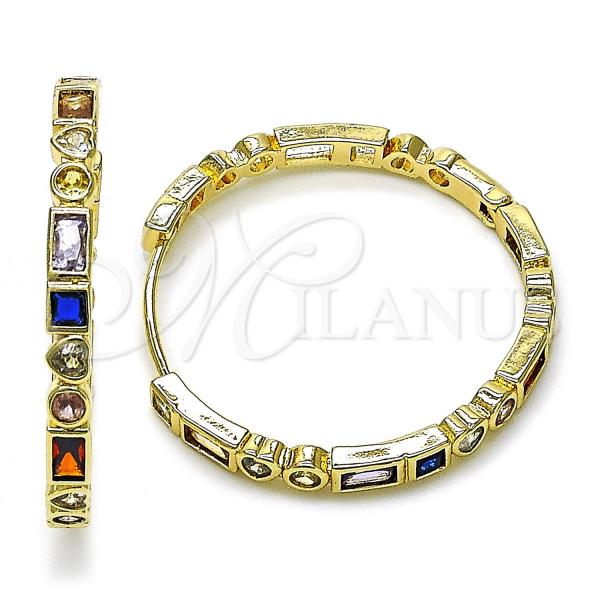 Oro Laminado Huggie Hoop, Gold Filled Style Heart Design, with Multicolor Cubic Zirconia, Polished, Golden Finish, 02.204.0037.35