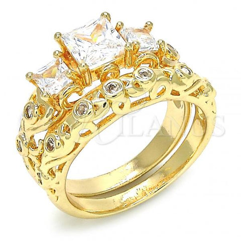 Oro Laminado Wedding Ring, Gold Filled Style Duo Design, with White Cubic Zirconia, Polished, Golden Finish, 01.284.0024.09 (Size 9)