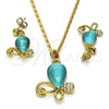 Oro Laminado Earring and Pendant Adult Set, Gold Filled Style Teardrop Design, with Aqua Blue and White Crystal, Polished, Golden Finish, 10.160.0137.1