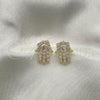 Oro Laminado Stud Earring, Gold Filled Style Hand of God Design, with White Micro Pave, Polished, Golden Finish, 02.210.0401
