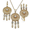 Oro Laminado Earring and Pendant Adult Set, Gold Filled Style Flower Design, with White Crystal, Polished, Golden Finish, 10.380.0009