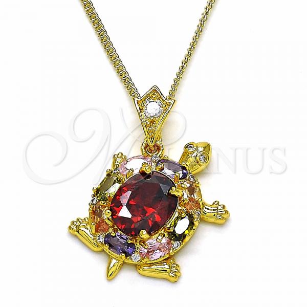 Oro Laminado Pendant Necklace, Gold Filled Style Turtle Design, with Multicolor Cubic Zirconia, Polished, Golden Finish, 04.346.0010.1.20