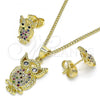 Oro Laminado Earring and Pendant Adult Set, Gold Filled Style Owl Design, with Multicolor Micro Pave, Polished, Golden Finish, 10.156.0340.1