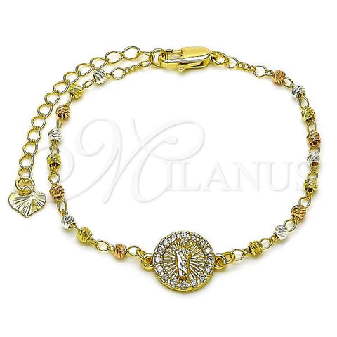 Oro Laminado Fancy Bracelet, Gold Filled Style San Judas and Ball Design, with White Cubic Zirconia, Diamond Cutting Finish, Tricolor, 03.253.0104.07