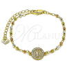 Oro Laminado Fancy Bracelet, Gold Filled Style San Judas and Ball Design, with White Cubic Zirconia, Diamond Cutting Finish, Tricolor, 03.253.0104.07