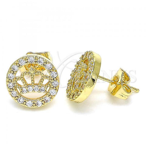 Oro Laminado Stud Earring, Gold Filled Style Crown Design, with White Micro Pave, Polished, Golden Finish, 02.210.0419