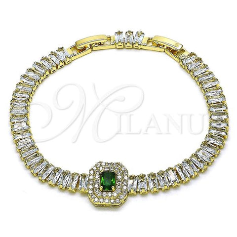 Oro Laminado Tennis Bracelet, Gold Filled Style Baguette Design, with Green and White Cubic Zirconia, Polished, Golden Finish, 03.284.0037.08