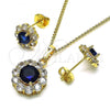 Oro Laminado Earring and Pendant Adult Set, Gold Filled Style Flower Design, with Sapphire Blue and White Cubic Zirconia, Polished, Golden Finish, 10.199.0086.10