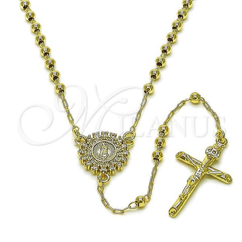 Oro Laminado Thin Rosary, Gold Filled Style Guadalupe and Cross Design, with White Cubic Zirconia, Polished, Golden Finish, 09.213.0046.18