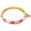 Oro Laminado Individual Bangle, Gold Filled Style Butterfly Design, with White Crystal, Pink Enamel Finish, Golden Finish, 07.254.0001.3.03 (06 MM Thickness, Size 3 - 2.00 Diameter)