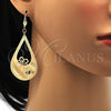 Oro Laminado Dangle Earring, Gold Filled Style Flower and Teardrop Design, with White Crystal, Diamond Cutting Finish, Golden Finish, 81.011