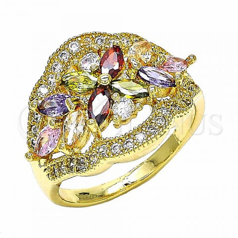 Oro Laminado Multi Stone Ring, Gold Filled Style Flower Design, with Multicolor Cubic Zirconia, Polished, Golden Finish, 01.283.0007.1.07 (Size 7)