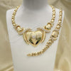 Oro Laminado Necklace and Bracelet, Gold Filled Style Heart and Hugs and Kisses Design, with White Cubic Zirconia, Diamond Cutting Finish, Golden Finish, 06.185.0014