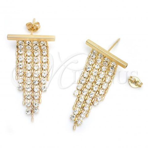 Oro Laminado Long Earring, Gold Filled Style Cluster Design, with White Cubic Zirconia, Polished, Golden Finish, 02.02.0514