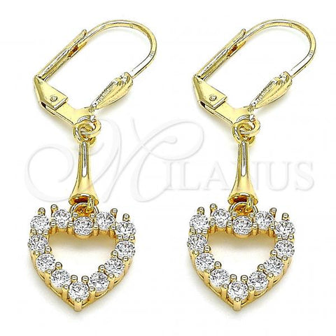 Oro Laminado Long Earring, Gold Filled Style Heart Design, with White Cubic Zirconia, Polished, Golden Finish, 02.387.0067