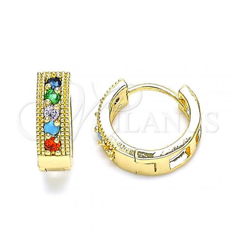 Oro Laminado Huggie Hoop, Gold Filled Style with Multicolor Cubic Zirconia, Polished, Golden Finish, 02.210.0635.5.15