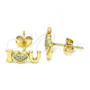 Oro Laminado Stud Earring, Gold Filled Style Heart Design, with White Micro Pave, Polished, Golden Finish, 02.342.0133