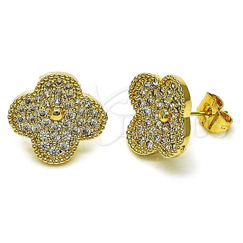 Oro Laminado Stud Earring, Gold Filled Style Four-leaf Clover Design, with White Cubic Zirconia, Polished, Golden Finish, 02.283.0150