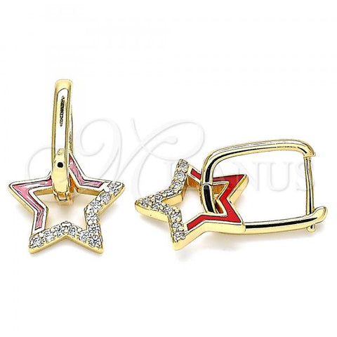 Oro Laminado Huggie Hoop, Gold Filled Style Star Design, with White Micro Pave, Red Enamel Finish, Golden Finish, 02.213.0183.12