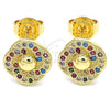 Oro Laminado Stud Earring, Gold Filled Style Flower Design, with Multicolor Micro Pave, Polished, Golden Finish, 02.233.0025