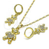 Oro Laminado Earring and Pendant Adult Set, Gold Filled Style Teddy Bear and Heart Design, with White Micro Pave, Polished, Golden Finish, 10.196.0058