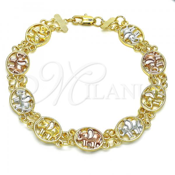 Oro Laminado Fancy Bracelet, Gold Filled Style Elephant Design, Polished, Tricolor, 03.351.0043.09