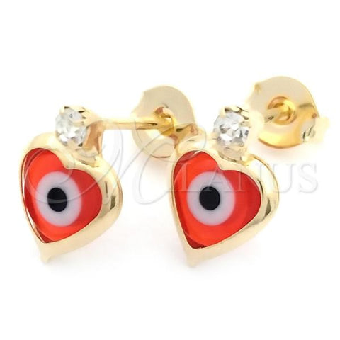 Oro Laminado Stud Earring, Gold Filled Style Evil Eye Design, with Garnet Crystal and White Cubic Zirconia, Polished, Golden Finish, 02.02.0490