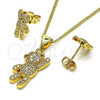 Oro Laminado Earring and Pendant Adult Set, Gold Filled Style Teddy Bear Design, with White Micro Pave, Polished, Golden Finish, 10.342.0109