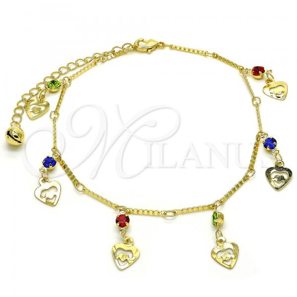 Oro Laminado Charm Anklet , Gold Filled Style Heart and Rattle Charm Design, with Multicolor Crystal, Polished, Golden Finish, 03.213.0074.10