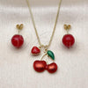 Oro Laminado Earring and Pendant Adult Set, Gold Filled Style Cherry and Heart Design, with Garnet Pearl, Red Enamel Finish, Golden Finish, 10.417.0025