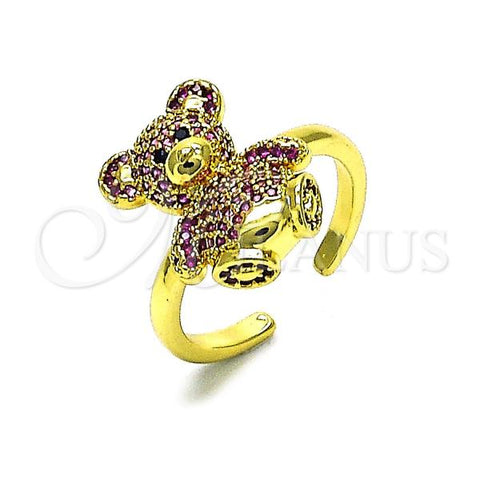 Oro Laminado Multi Stone Ring, Gold Filled Style Teddy Bear Design, with Ruby and Black Micro Pave, Polished, Golden Finish, 01.341.0112.2