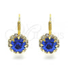 Oro Laminado Leverback Earring, Gold Filled Style Flower Design, with Sapphire Blue and White Crystal, Polished, Golden Finish, 5.125.009.1