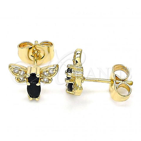 Oro Laminado Stud Earring, Gold Filled Style Bee Design, with Black Cubic Zirconia and White Micro Pave, Polished, Golden Finish, 02.210.0369.2