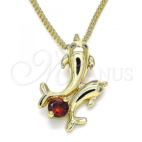 Oro Laminado Pendant Necklace, Gold Filled Style Dolphin Design, with Garnet Cubic Zirconia, Polished, Golden Finish, 04.346.0020.1.20
