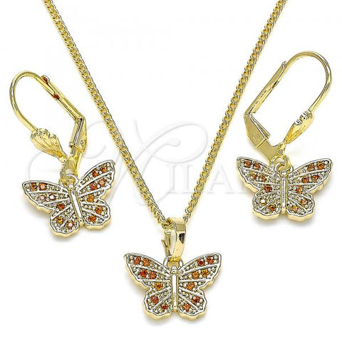 Oro Laminado Earring and Pendant Adult Set, Gold Filled Style Butterfly Design, with Garnet Micro Pave, Polished, Golden Finish, 10.284.0012.1