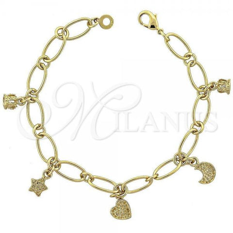 Oro Laminado Charm Bracelet, Gold Filled Style Crown Design, Diamond Cutting Finish, Golden Finish, 5.025.002