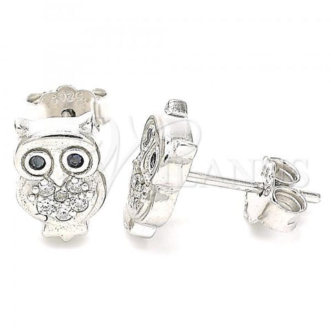 Sterling Silver Stud Earring, Owl Design, with Black and White Cubic Zirconia, Polished, Rhodium Finish, 02.336.0143