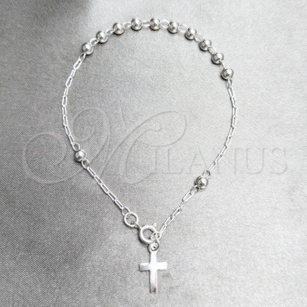 Sterling Silver Bracelet Rosary, Ball and Cross Design, Polished, Silver Finish, 09.392.0003.07