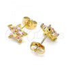 Oro Laminado Stud Earring, Gold Filled Style Flower Design, with Pink Cubic Zirconia, Polished, Golden Finish, 02.310.0024.1