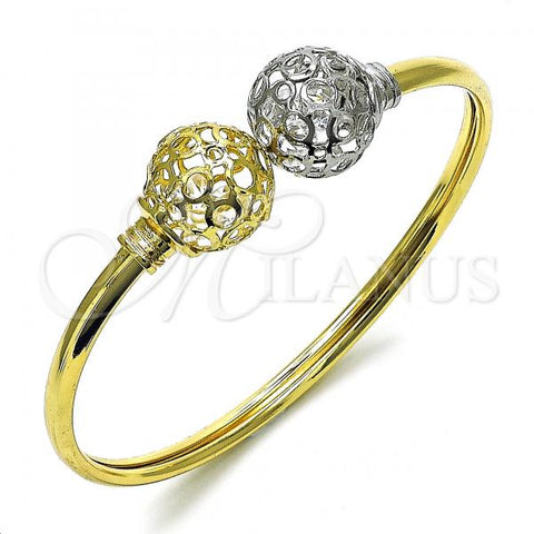 Oro Laminado Individual Bangle, Gold Filled Style Ball and Filigree Design, with White Crystal, Polished, Two Tone, 07.383.0003