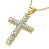 Oro Laminado Religious Pendant, Gold Filled Style Cross Design, with White Cubic Zirconia, Polished, Golden Finish, 05.342.0062