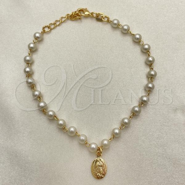 Oro Laminado Fancy Bracelet, Gold Filled Style Ball and Guadalupe Design, with Ivory Pearl, Polished, Golden Finish, 03.02.0100.1.16