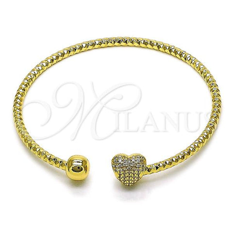 Oro Laminado Individual Bangle, Gold Filled Style Heart and Ball Design, with White Micro Pave, Diamond Cutting Finish, Golden Finish, 07.282.0007