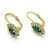 Oro Laminado Leverback Earring, Gold Filled Style Leaf Design, with Emerald and White Crystal, Polished, Golden Finish, 02.122.0082.4
