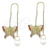 Oro Laminado Threader Earring, Gold Filled Style Butterfly Design, with Garnet and Pink Crystal, Polished, Golden Finish, 02.380.0064