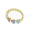 Oro Laminado Multi Stone Ring, Gold Filled Style Evil Eye and Heart Design, Multicolor Enamel Finish, Golden Finish, 01.213.0008
