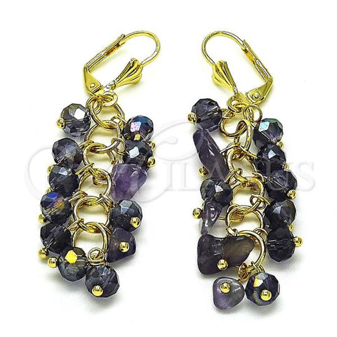 Oro Laminado Long Earring, Gold Filled Style with Dark Amethyst Crystal, Polished, Golden Finish, 02.414.0007.4