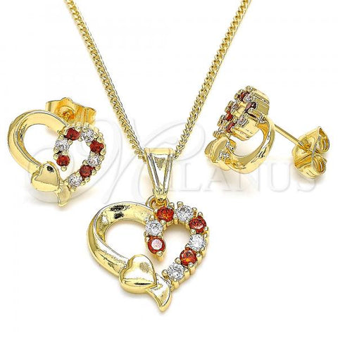 Oro Laminado Earring and Pendant Adult Set, Gold Filled Style Heart Design, with Garnet and White Cubic Zirconia, Polished, Golden Finish, 10.210.0156.1