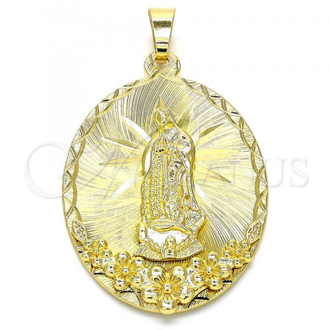 Oro Laminado Religious Pendant, Gold Filled Style Guadalupe and Flower Design, Diamond Cutting Finish, Golden Finish, 05.213.0056