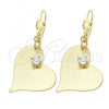 Oro Laminado Dangle Earring, Gold Filled Style Heart Design, with White Crystal, Diamond Cutting Finish, Golden Finish, 77.002